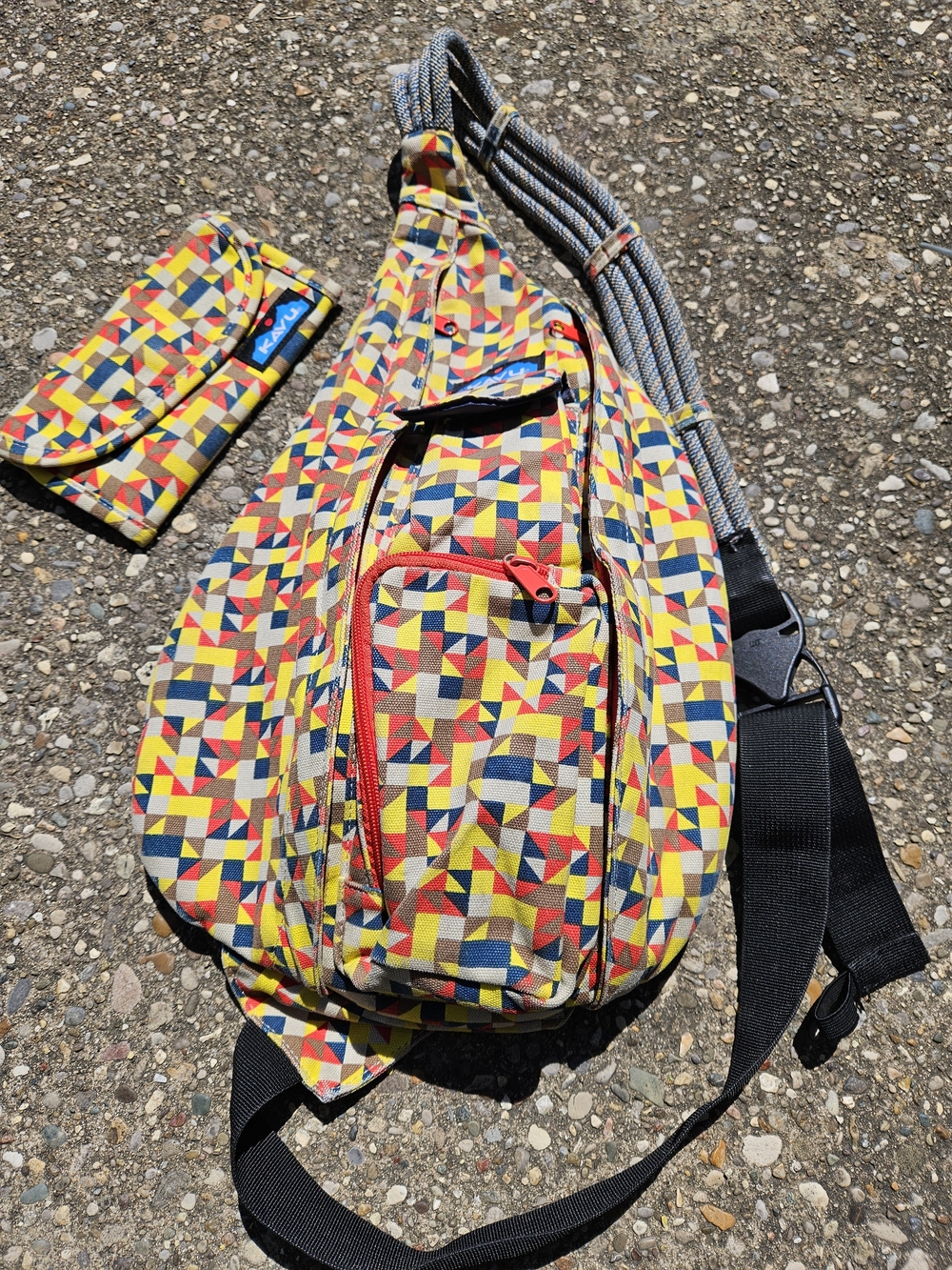 Kavu Yellow Red Navy Geometric Sling Bag With matching Wallet